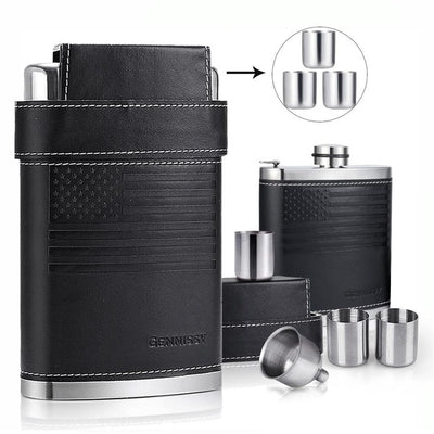 GENNISSY 8oz Portable Leather Covered Hip Flask+3 Stainless Steel Caps+1 Funnel For Whiskey Wine Pot Men Outdoor Travel Flagon