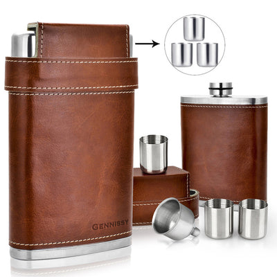 GENNISSY 8oz Portable Leather Covered Hip Flask+3 Stainless Steel Caps+1 Funnel For Whiskey Wine Pot Men Outdoor Travel Flagon