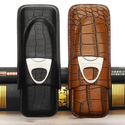 GALINER Leather Travel Cigar Case and cutter Portable 2 Tube Holder